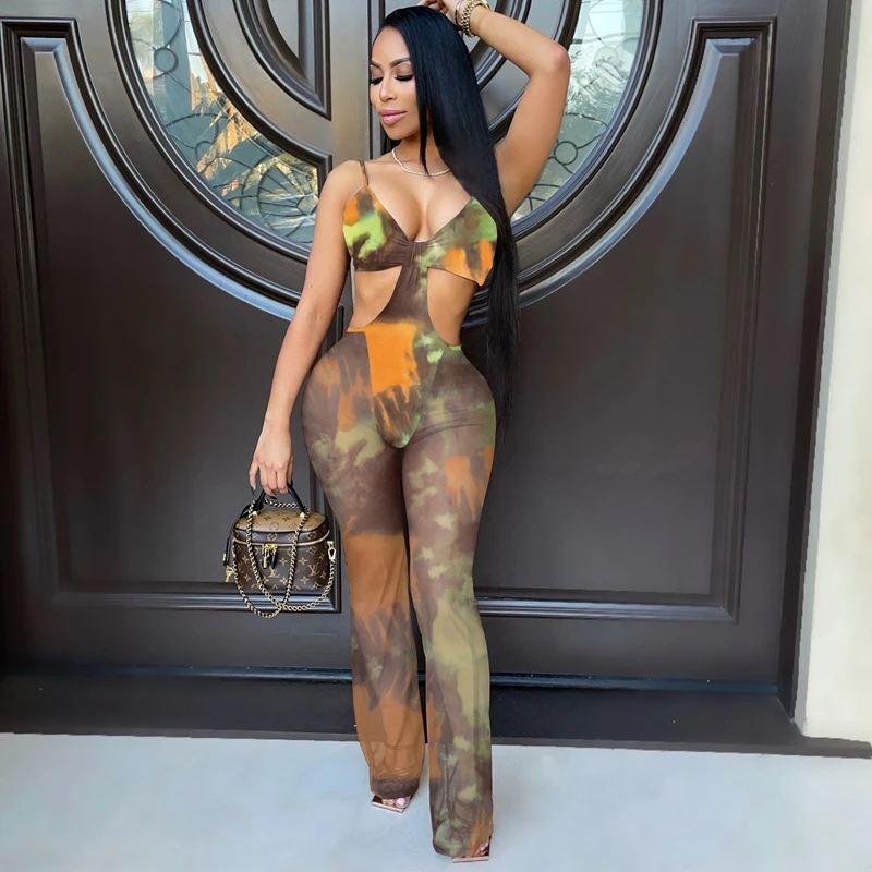 

Mesh Sheer Leopard Jumpsuit Cut Out Spaghetti Strap Summer Rompers Butterfly Top for Women Sexy One Piece Club Outfits