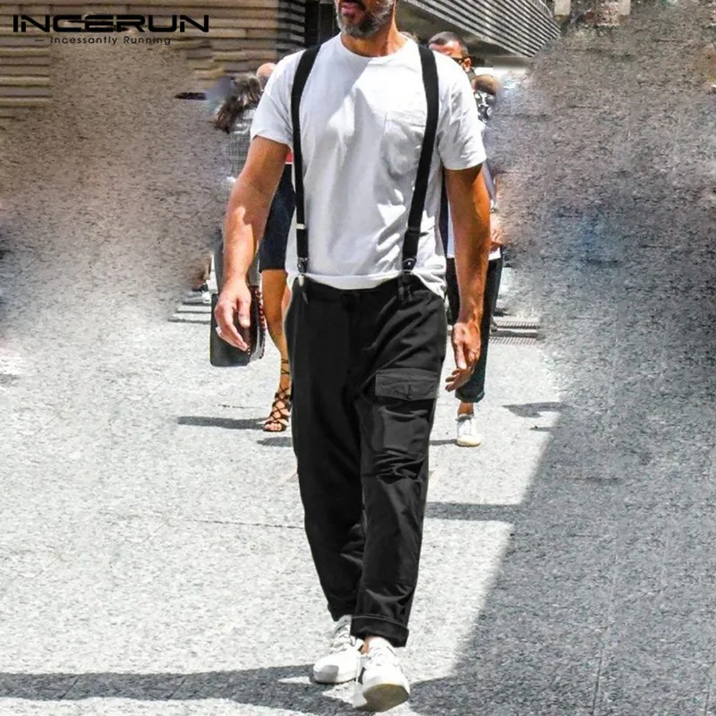 Модные мужские брюки карго однотонные 2019 свободные карманы ромперы на пуговицах