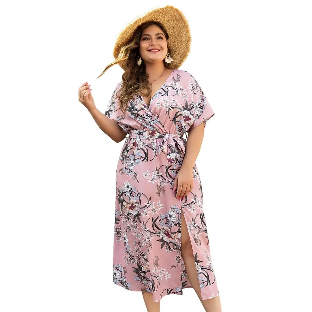 WHZHM Розовые Платья с цветочным принтом женские платья поясом v образным вырезом