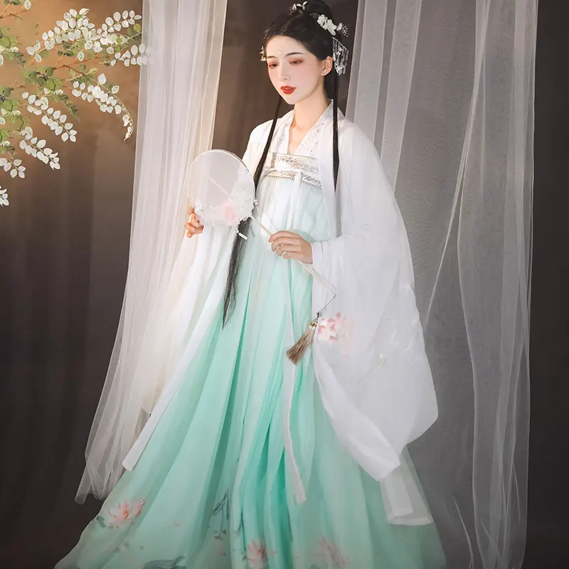 2020 Chinese Hanfu Outfits Fairy Dress White Coat Green Skirt Festival Folk Dance Costume Clothes For Women BI772 | Тематическая