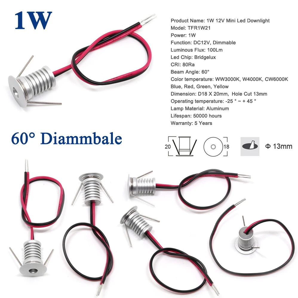 1W 12V dc D13mm мини светодиодный прожектор для лестницы для шкафа Deck Mirror кухонные потолочные точечные светильники CE