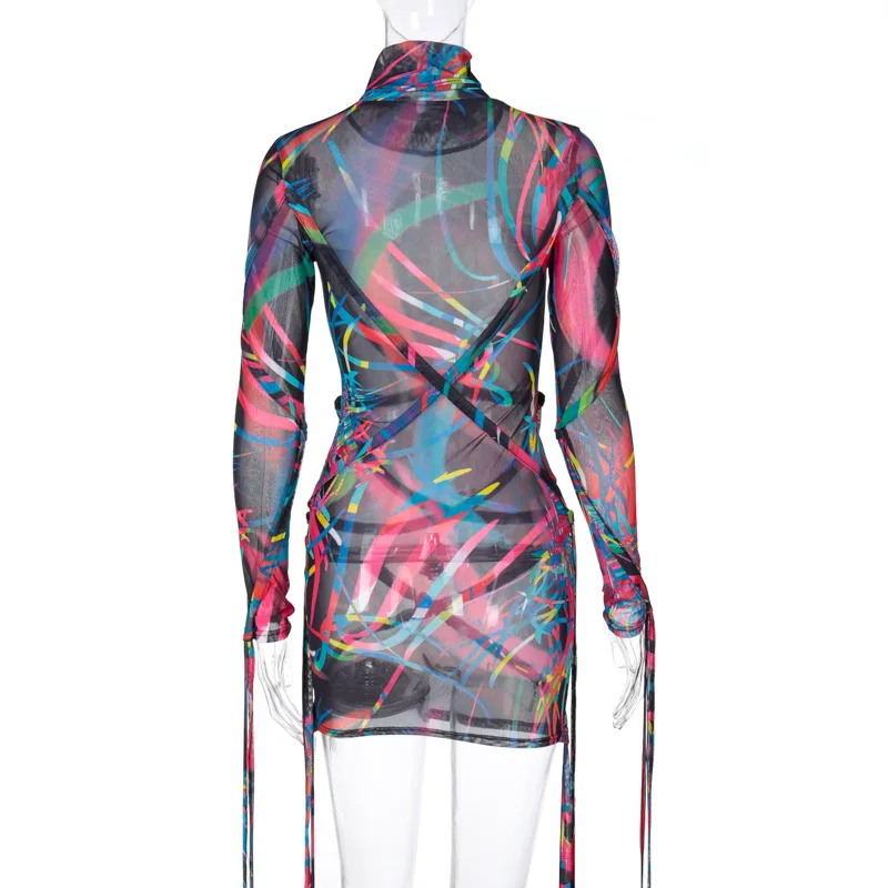 

Nice Long Sleeve Vintage Printed High Collar Chiffon Dress Sexy Women Spaghetti Bodycon Bandage Gothic Dresses Street Hipster