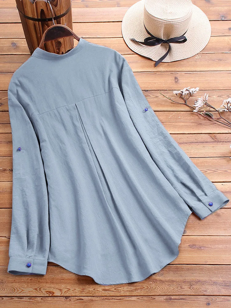 

New spring and autumn new women's cotton and linen long-sleeved shirt white printing top shirt women