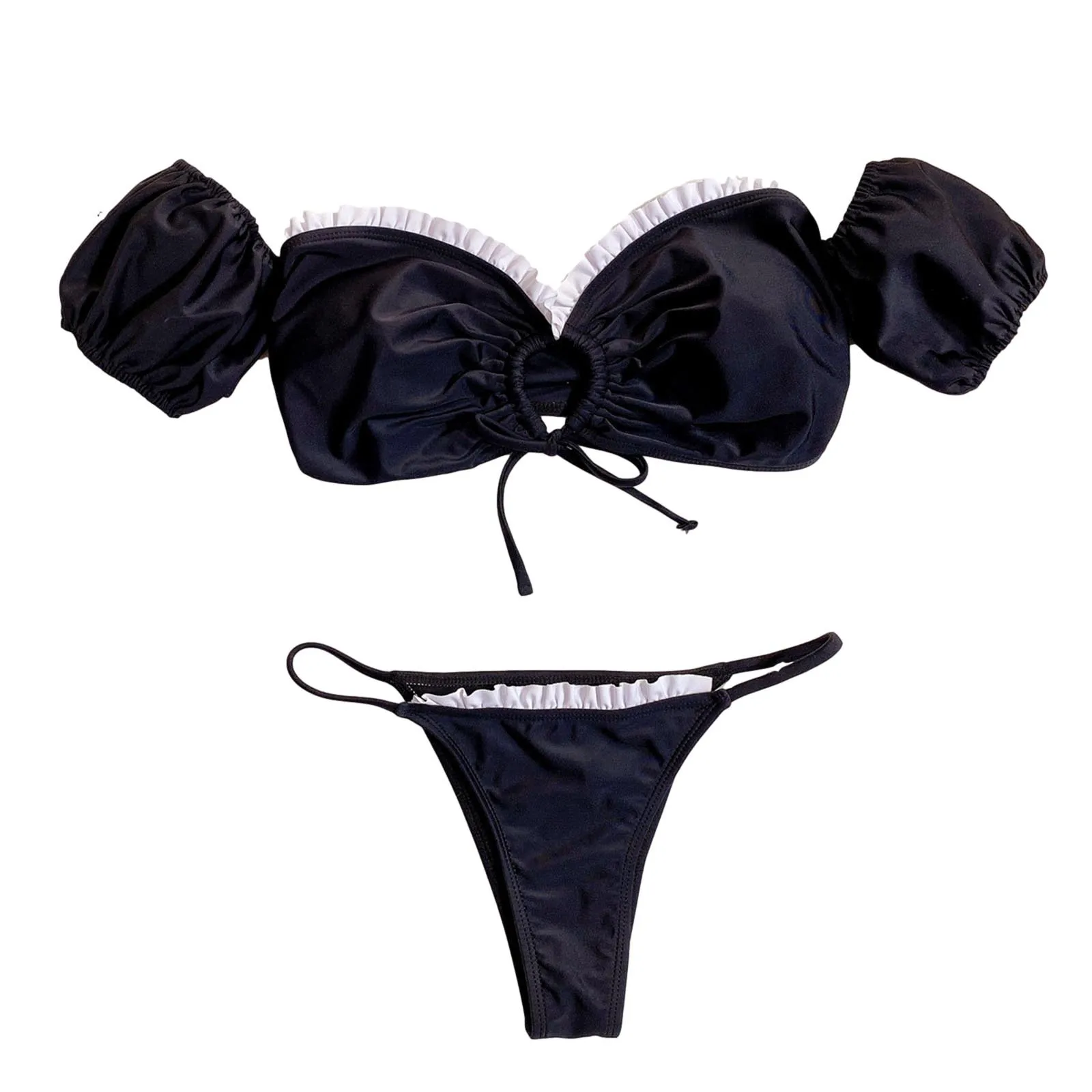 

Blacl Ruffle Bikini Push Up Swimsuit Sexy Women Bikini Sets 2021 Brazilian Bathing Suit Bandeau Beach Wear Women'S Swimwear S-L
