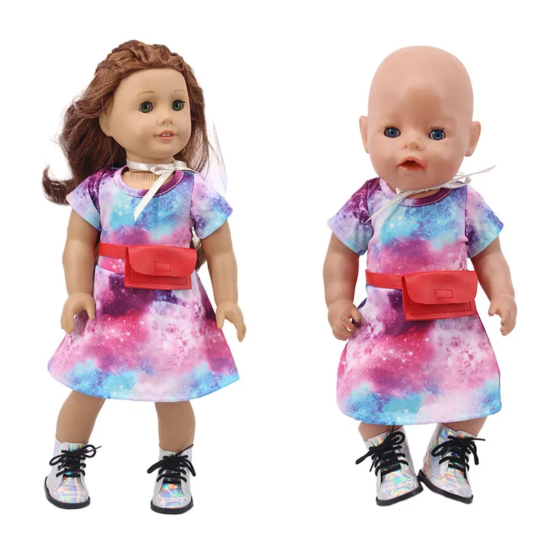 

Платье звездное небо + шелковая лента + карман + комплект обуви для 18-дюймовых американских кукол и 43 см кукол новорожденных аксессуары для о...