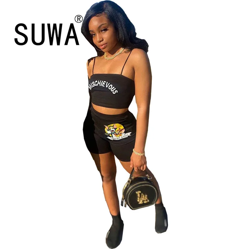 

Комплект из 2 предметов, женские шорты со средней талией, Свободные повседневные Черные спортивные брюки, летние модные уличные Мультяшные ...