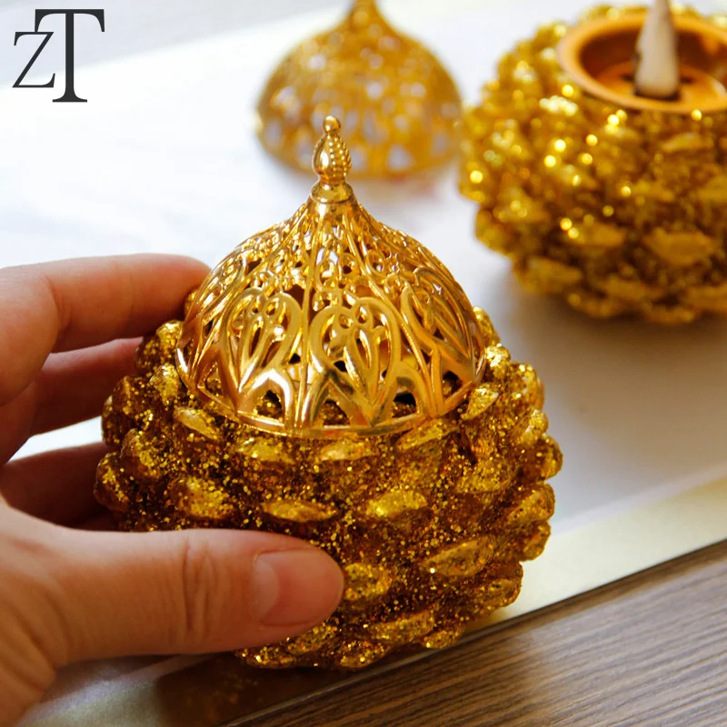 

Pine Cone Incense Burner Golden Metal Resin Set Aromatherapy Utensils Oven Frame incensory Gift Tabletop Handicraft Ornaments