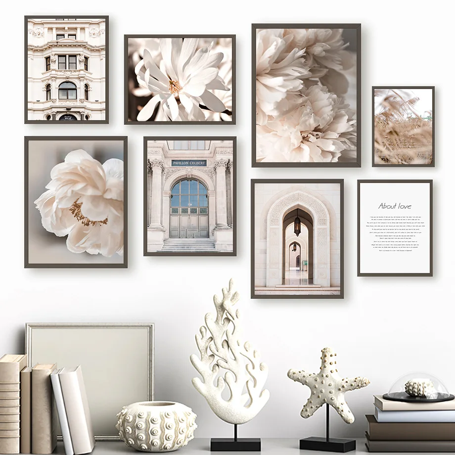 

White Peony Flower Reed Canvas Painting London Building Landscape Poster and Prints Wall Art Modular Pictures for Living Room