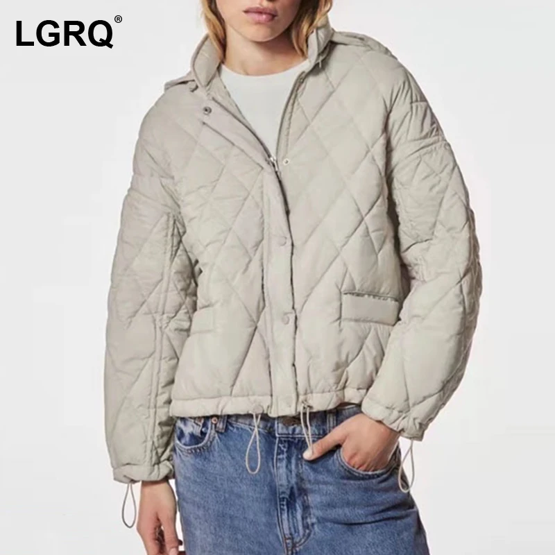 

[LGRQ] Drawstring Quilted Shell Down Cotton-padded Coat Long Sleeve Loose Women Parkas Fashion New Autumn Winter 2021 19D5318