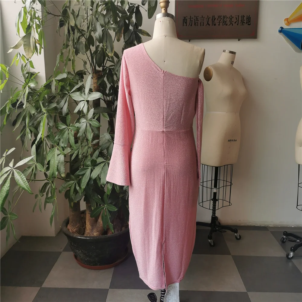 

2021 Pink Evening Party Summer Dress Sexy One Shoulder Shiny Pink Tight Women High Waist Bodycon Plus Size Night Club Dresses