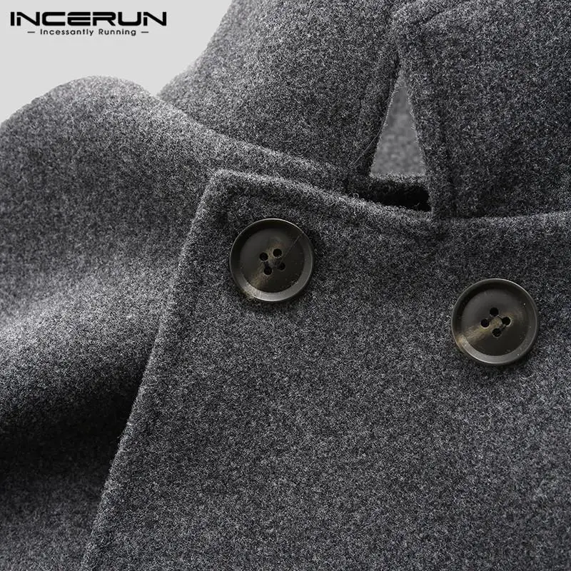 INCERUN, мужские длинные куртки, пальто, двубортные, повседневные, мужские, s, шерстяные пальто, модные, чистый цвет, тренд, Классический Комфорт, шерстяное пальто
