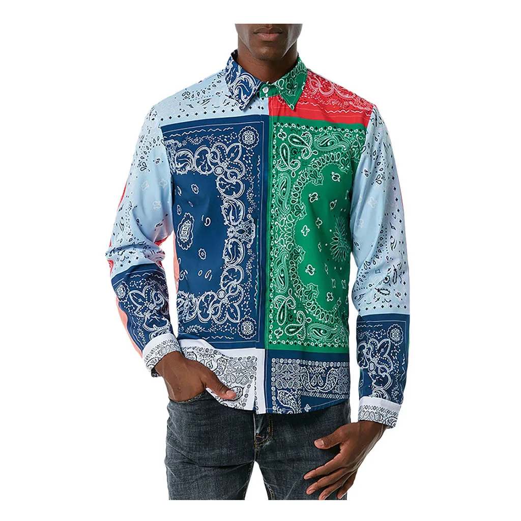 

Мужская Одежда, осенние модные рубашки, повседневные пляжные Топы с длинным рукавом и принтом кешью, блузка, рубашки в стиле Харадзюку, нова...