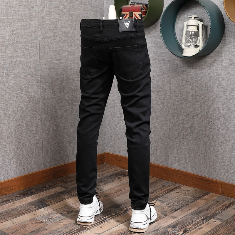 Korean Style Fashion Men Jeans Elastic Cotton Black Color Slim Fit Ripped Jeans Men Casual Simple Designer Denim Pencil Pants