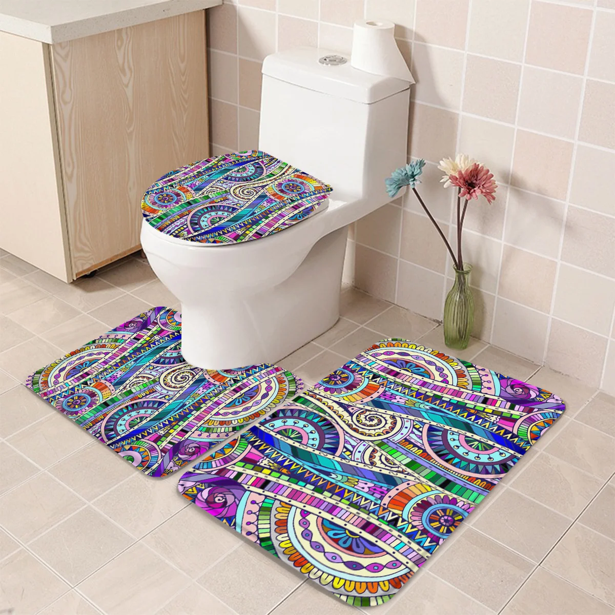 Набор ковриков для ванной в индийском этническом стиле с яркими узорами коврик