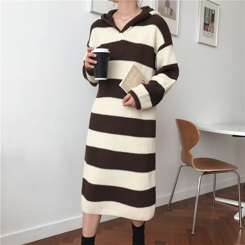 

YAMDI sweater dress women pollover warm 2020 new winter korean style thick knitted casual jumper dresses woman autumn striped