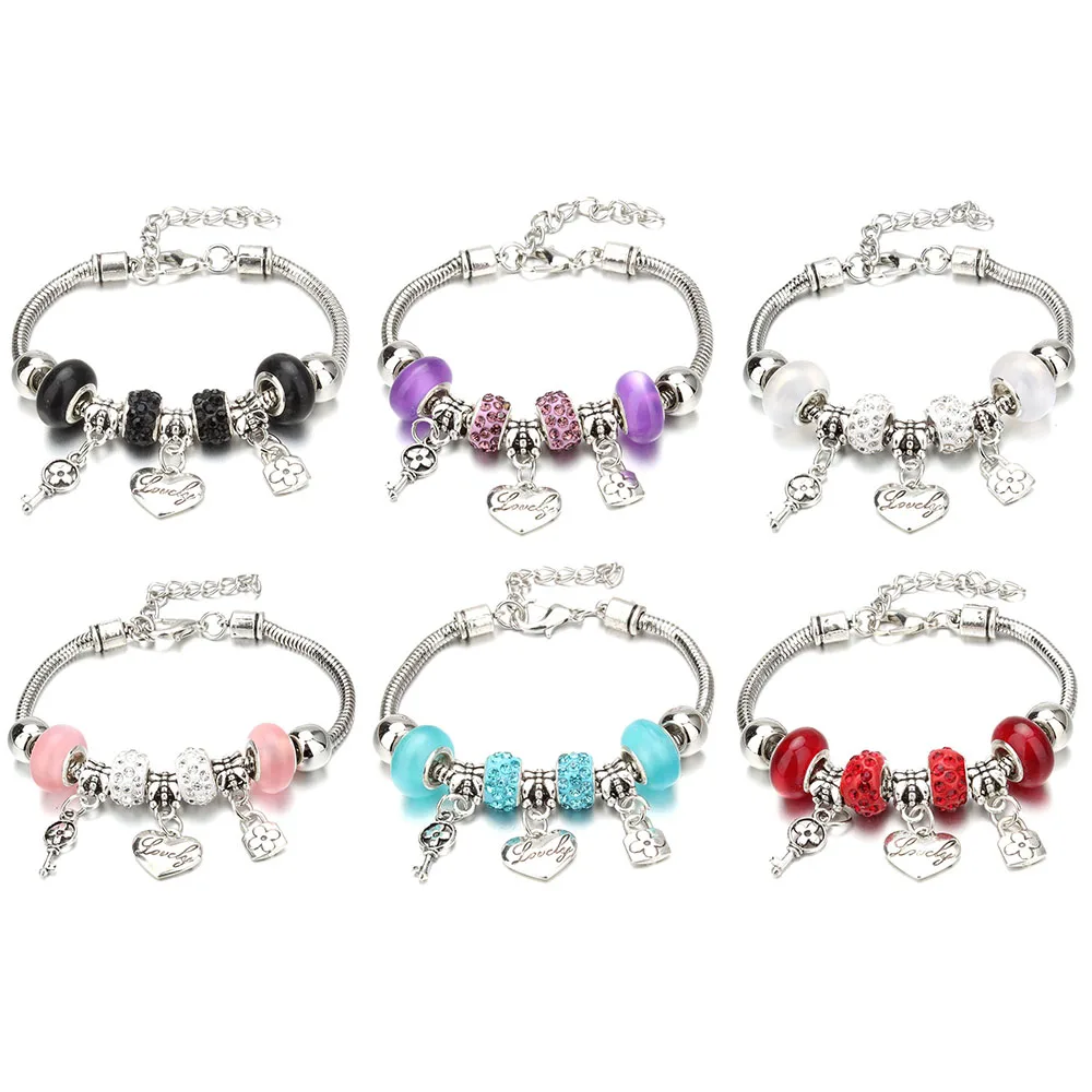 Женский браслет с шармами 6 цветов бусинами в форме сердца