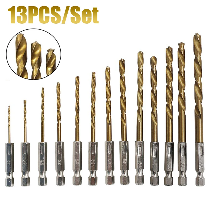 13Pcs/Set HSS High Speed Steel Titanium Coated Drill Bit Set 1/4 Hex Shank 1.5-6.5mm Screwdriver Twist Drill Bit
