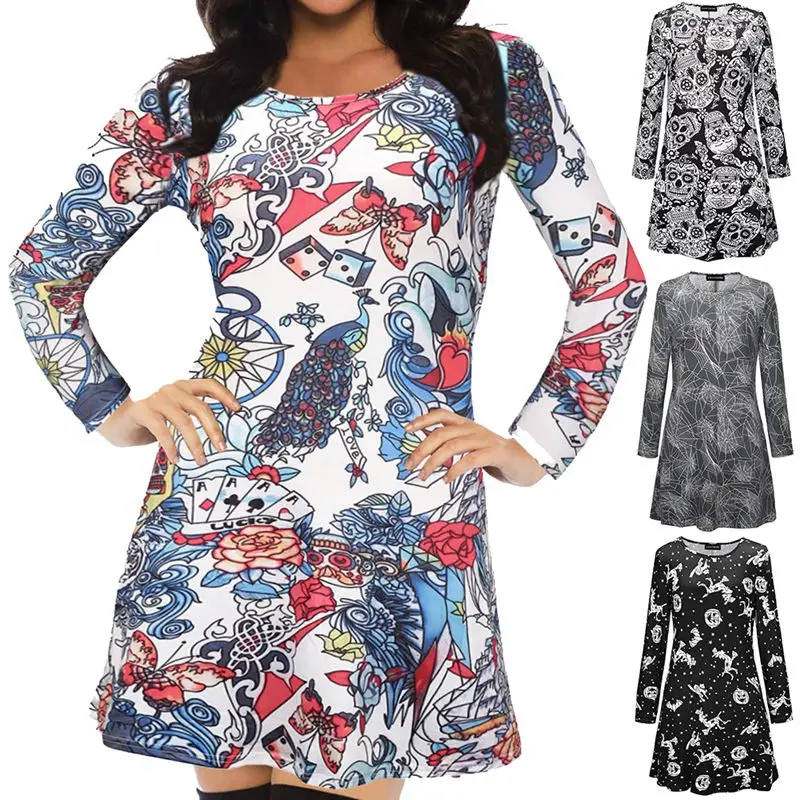 

2020 Halloween Women Gothic Dress T-shirt Dress Autumn Long Sleeve O Neck Skull Butterfly Ghost Printed Loose Casual Dress