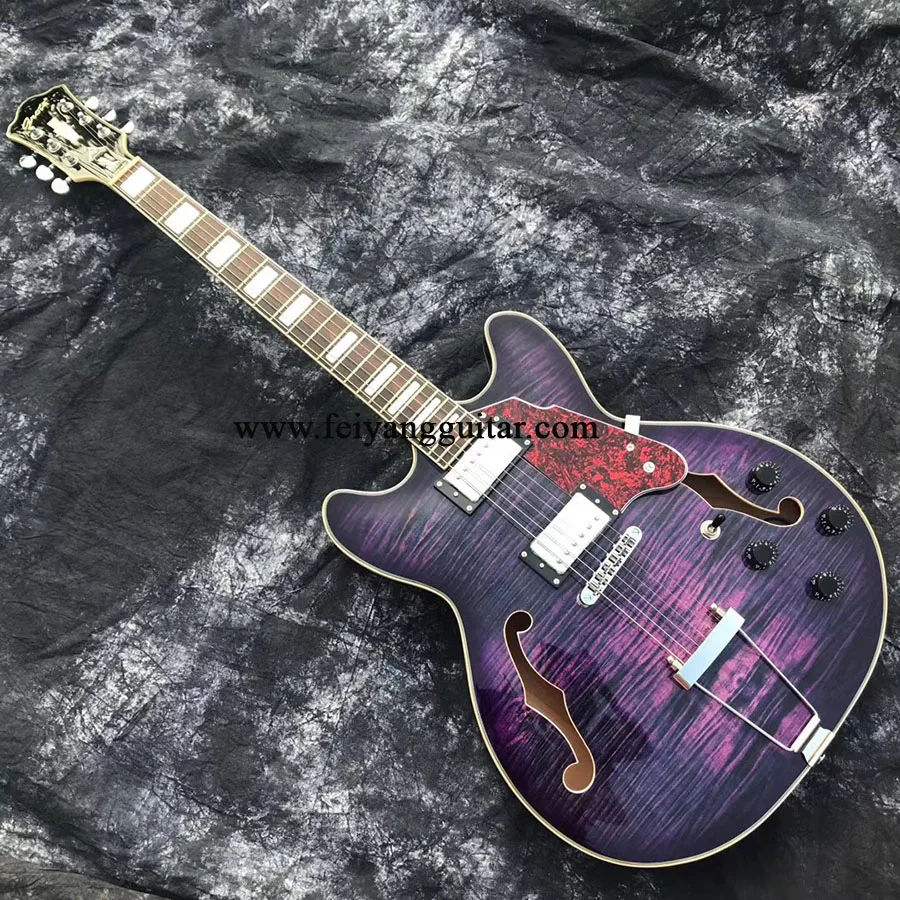 

Grotte high-quality electric guitar, semi-hollow guitar, purple tiger pattern veneer, rose wood fingerboard, package freight