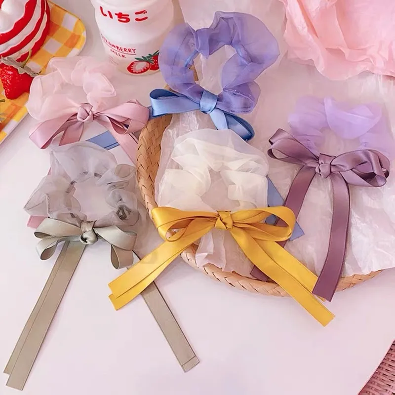 

Organza Candy Color Bow Ribbon Hair Scrunchies Ring Ties For Women Girls Ponytail Holder Elastic Hair Bands Holder Accessories