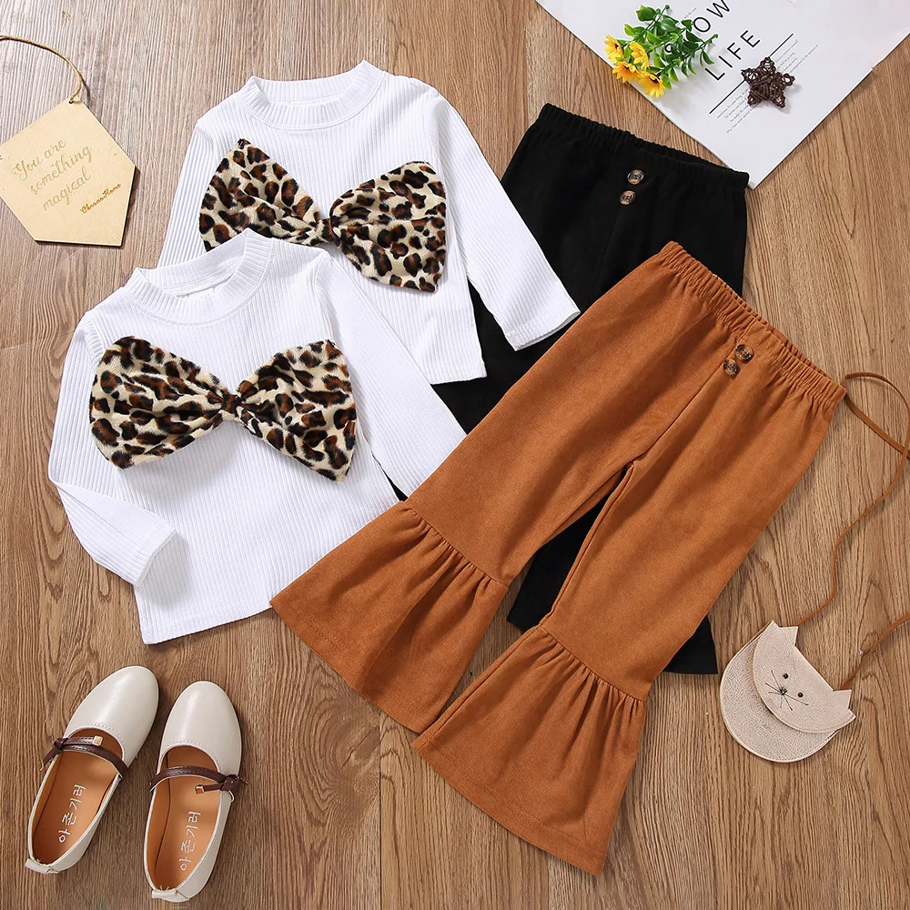

Toddler Kids Baby Girls Autumn Bow Leopard Top Shirts Solid Flare Trousers Children Fashion Clothes Set 2pcs 18M-6Y