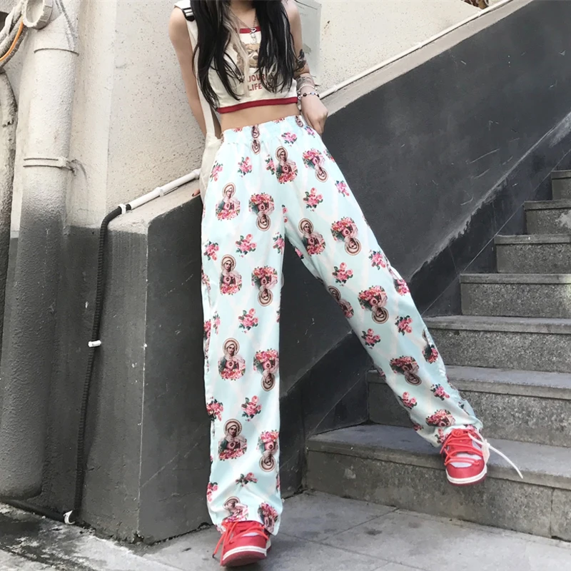 

New Summer Pants Women Trousers Female High Street Style Loose Elastic Waist Pants Casual Cartoon Print Straight Vintage Man