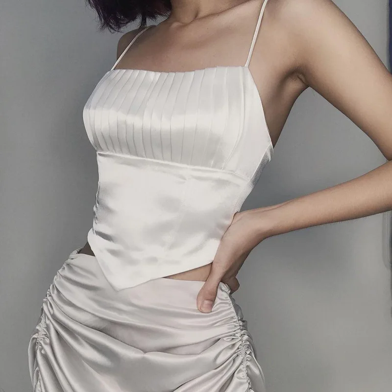 

Missnight Satin Pleated Tank Top Slip Sexy Bustier Camis Tops Backless Square Neck Zipper Elegant Party Clubwear Summer 2021