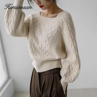 hirsionsan square neck short sweater women elegant chic casual knitted pullovers autumn korean soft sexy knitwear female jumper