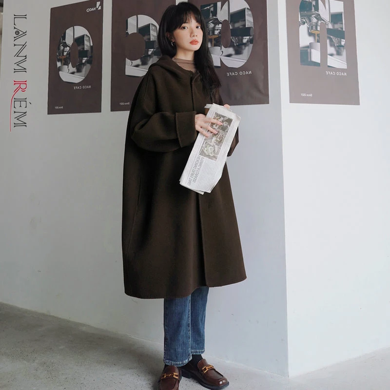 

LANMREM 2021 Winter New Hooded Woolen Coat Female Long Slleve Loose Solid Color Coats Women Fashion Clothing 2W1293