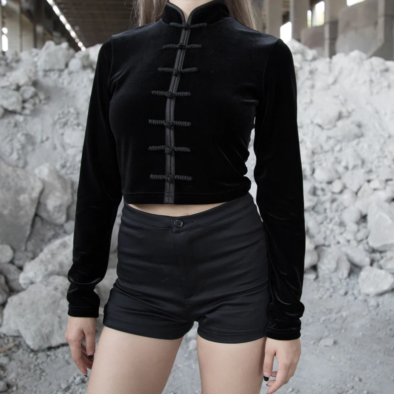 Женская бархатная футболка WannaThis черная облегающая с китайским воротником