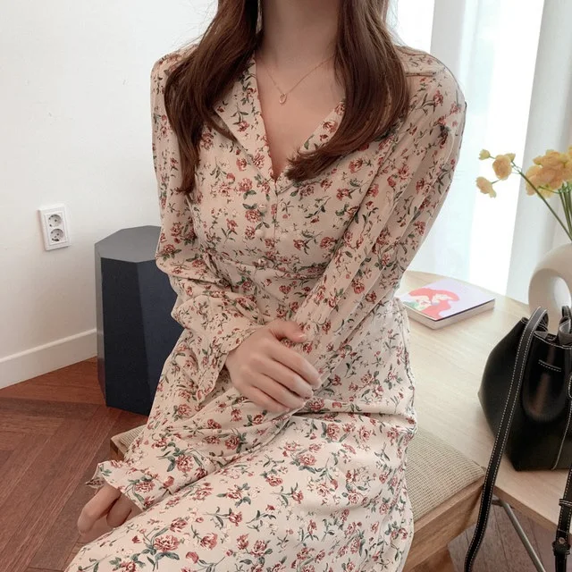 

S XL New New Spring Dress Girls Boho chiffon Female Vintage Dress plaid Print Long Sleeve Women Dresses Long Robe Vestido