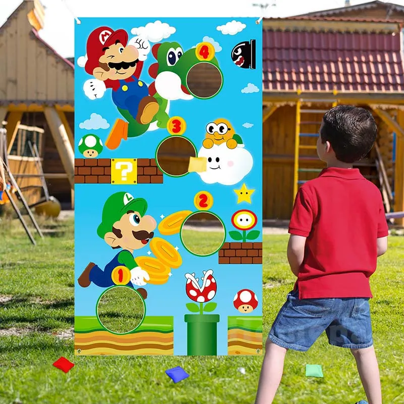 Juegos de Mario Bros Toss, 4 bolsas de frijol, juego de lanzar, pancarta, Fiesta Tem&aacute;tica, decoraci&oacute;n de carnaval, para interior y exterior, grupo deportivo para ni&ntilde;os-0