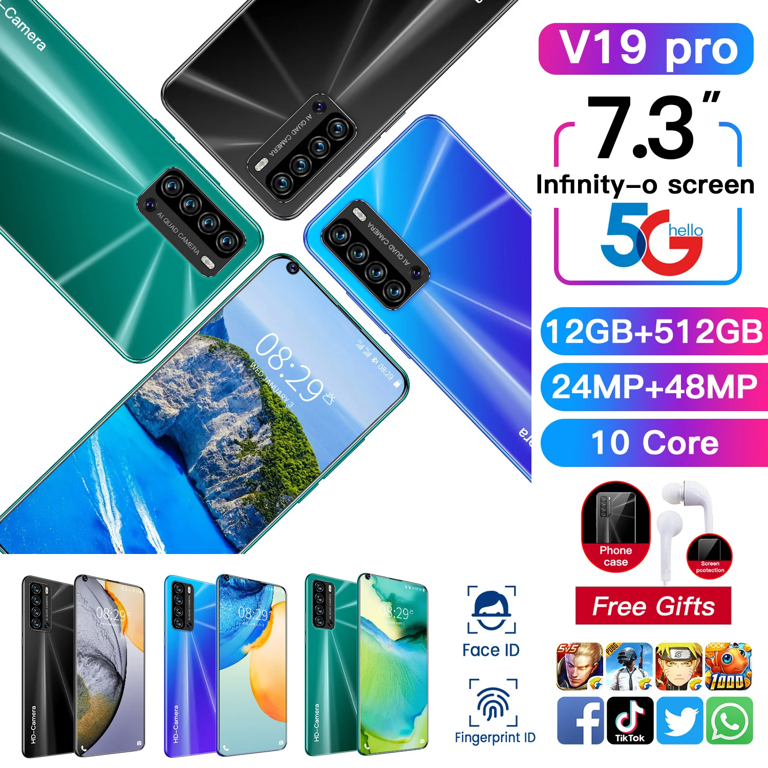 

Global Version V19 pro 7.3Inch HD Smartphone 5600mAh 10Core 12GB+512GB Dual SIM Dual Standby Support Face ID Android CellPhone