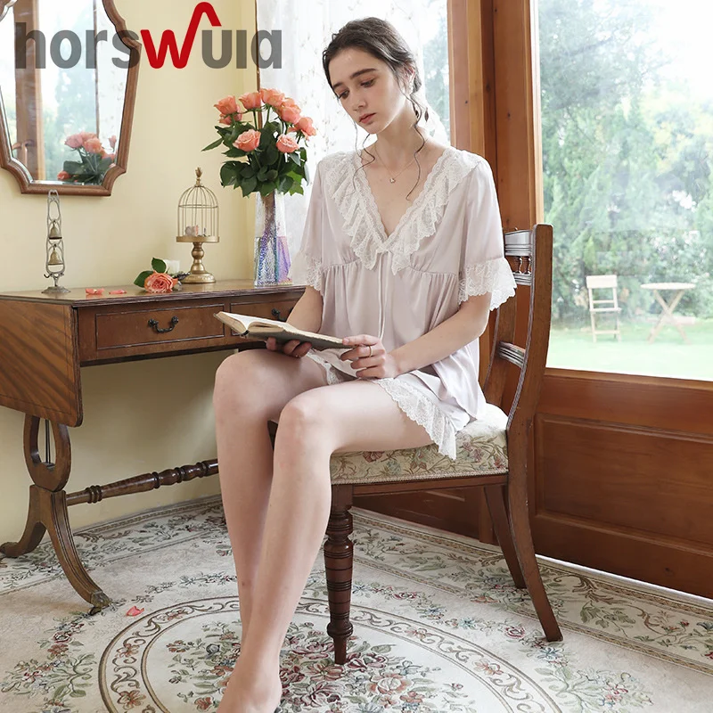 

Пижама в стиле принцессы horswula Женский комплект из двух предметов ночная рубашка кружевная Милая французская новая шелковая домашняя одежда костюмы комплекты одежды