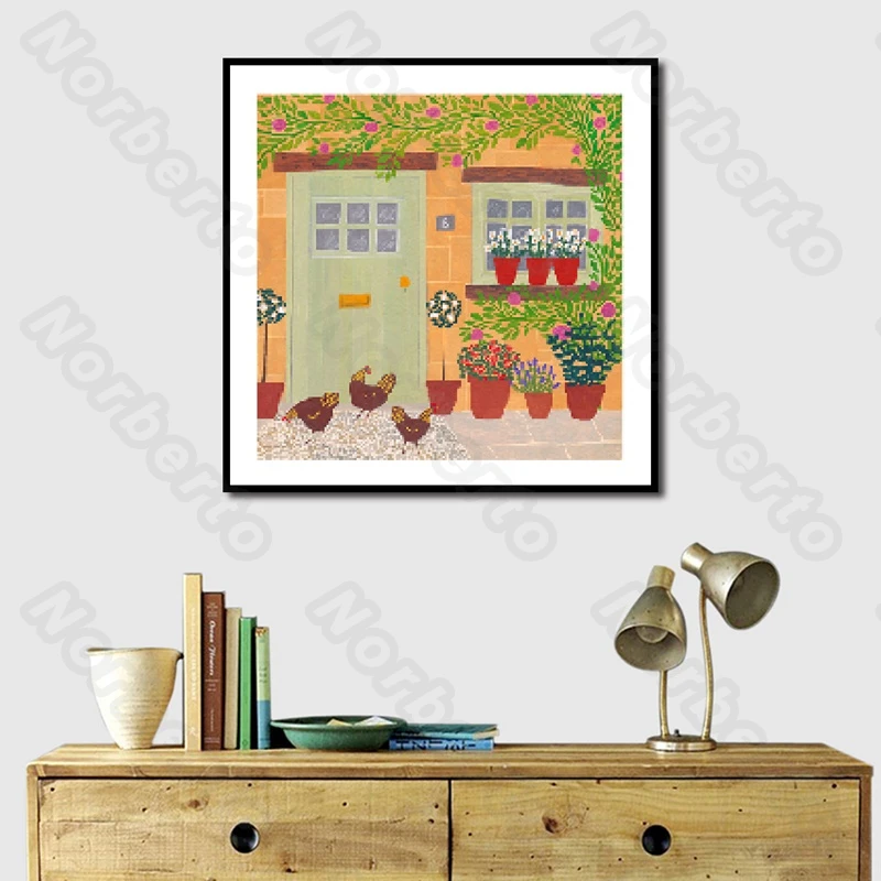 

Watercolor Drawings Canvas Painting Poster Purple Red White Yellow Blue Flowers Houses Pool for Living Room Bedrooms Decoration