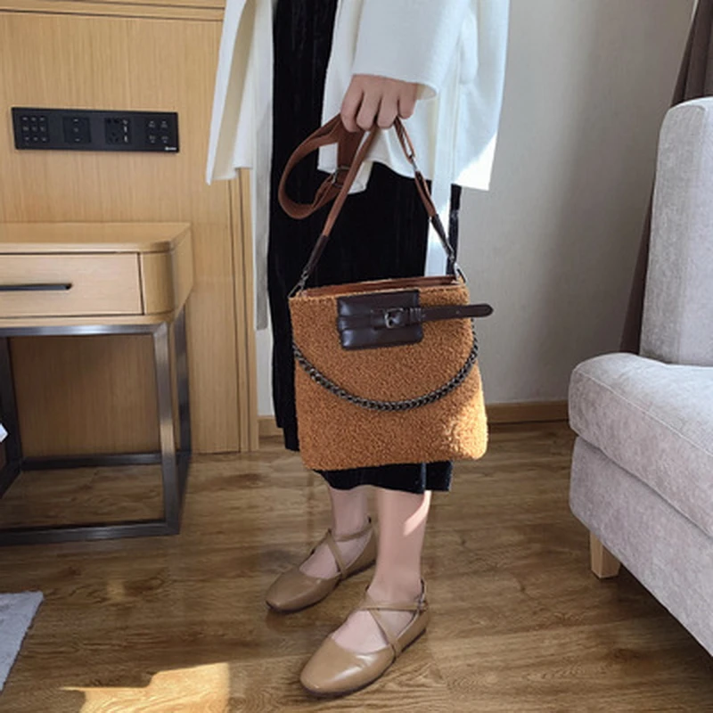 Mododiino шерстяная сумка-ведро женская мини сумка через плечо с цепочкой для зимы