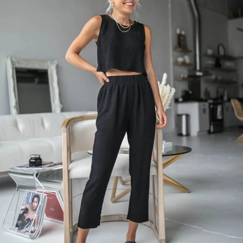 

Vacation Casual Women Pants Two Pieces Set Solid Sleeve Crop Camis And Elastic Waist Pants Match Ladies Suit Summer Beach Style