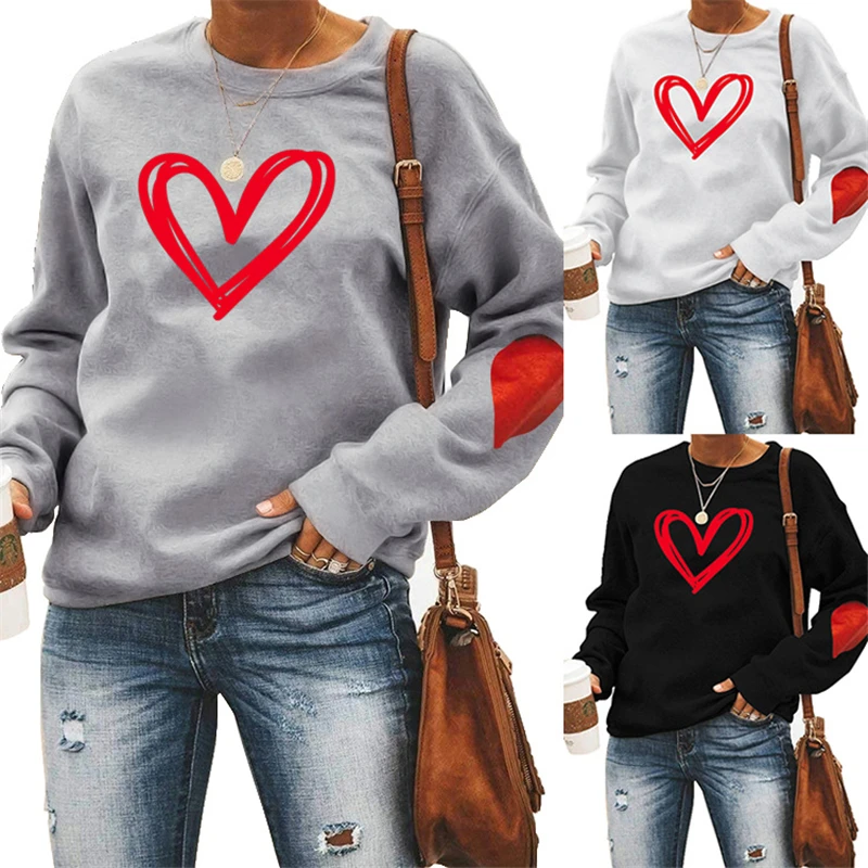 Autumn and winter women's simple print, round neck sweater casual shirt, loose ladies love print, sleeve love jacket