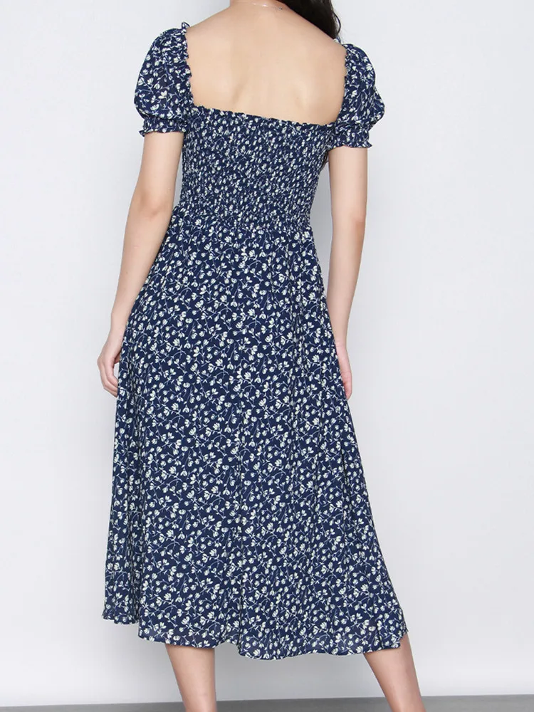 

2020 New Summer Midi Dress Floral Print Elastic Pleated Sundress Square Collar Retro Slim Lady Long Split Dresses