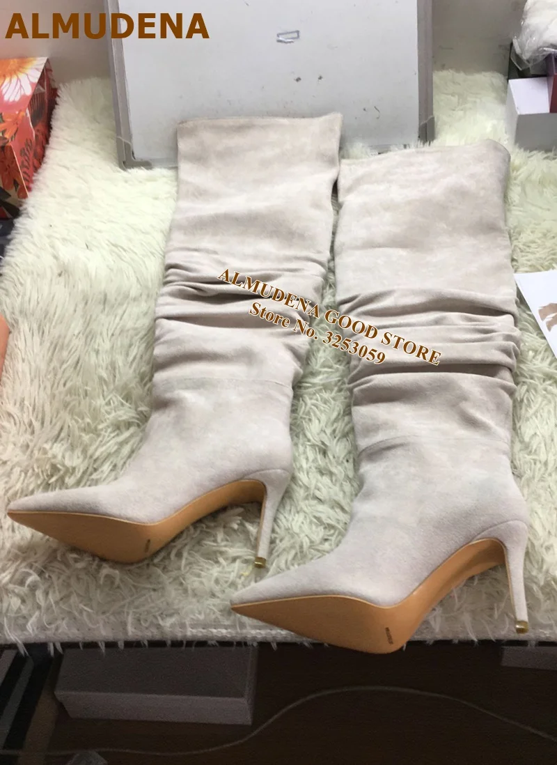 milk white as pic ALMUDENA/плиссированные Сапоги выше колена; замшевые свободные сапоги до бедра с острым носком кофейного цвета; модельные туфли на шпильке; высокие сапоги; размер 46 - Цвет: milk white as pic