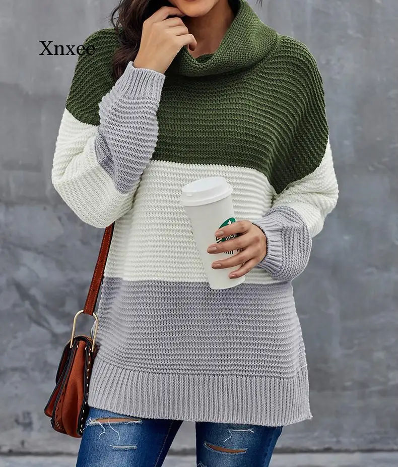 

Women Stripes High Collar Warm Casual Pullover Knitted Contrast Color Sweater Autumn Winter Fashion Ladies Jumpers Pull Femme