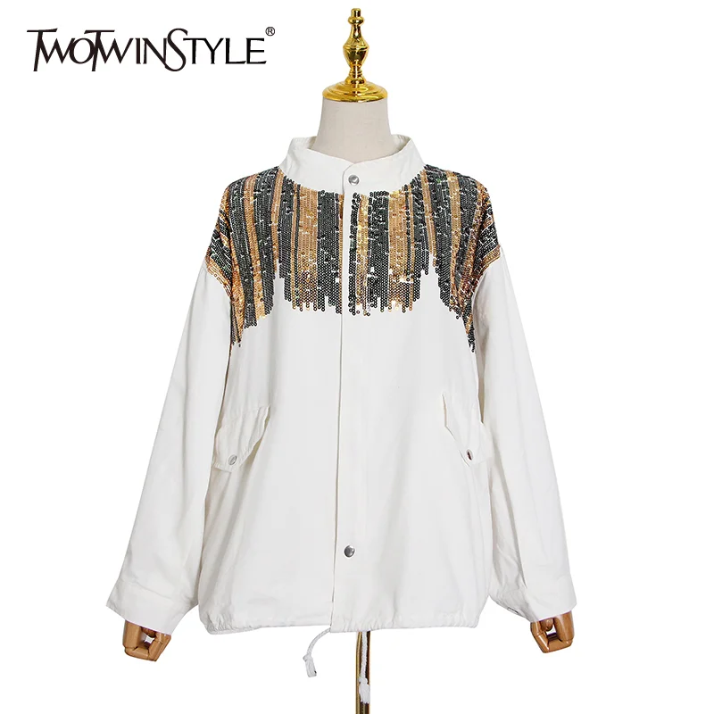 

TWOTWINSTYLE Streetwear Patchwork Sequin Jacket For Women Lapel Long Sleeve Casual Coat Female 2020 Fall Fashion New Clothing