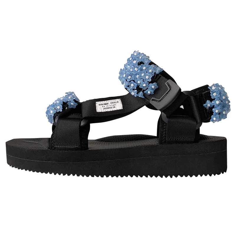 

Fashion Flower Beaded Decoration Platform Hook Loop Sandals Women's New Style Wedge Velcro Thick-heel Platform Roman Shoes