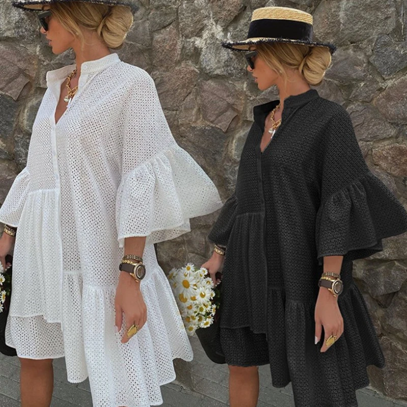 

WEPBEL Polka Dot Dress Women's Fashion Loose Stitching Solid Color Dress Summer Sexy V-neck Butterfly Sleeve Irregular Dress