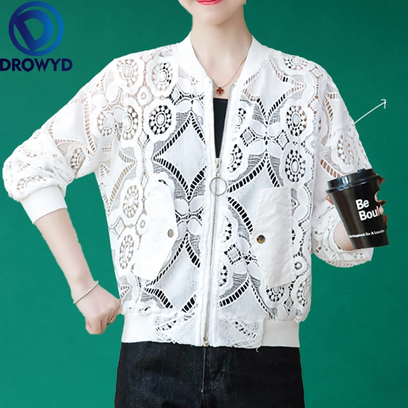 

Summer Lace Thin Baseball Jacket Women Casual Pockets Transparent Bomber Tops Breathable Sunscreen Cardigan Slim Coat 4 Colors