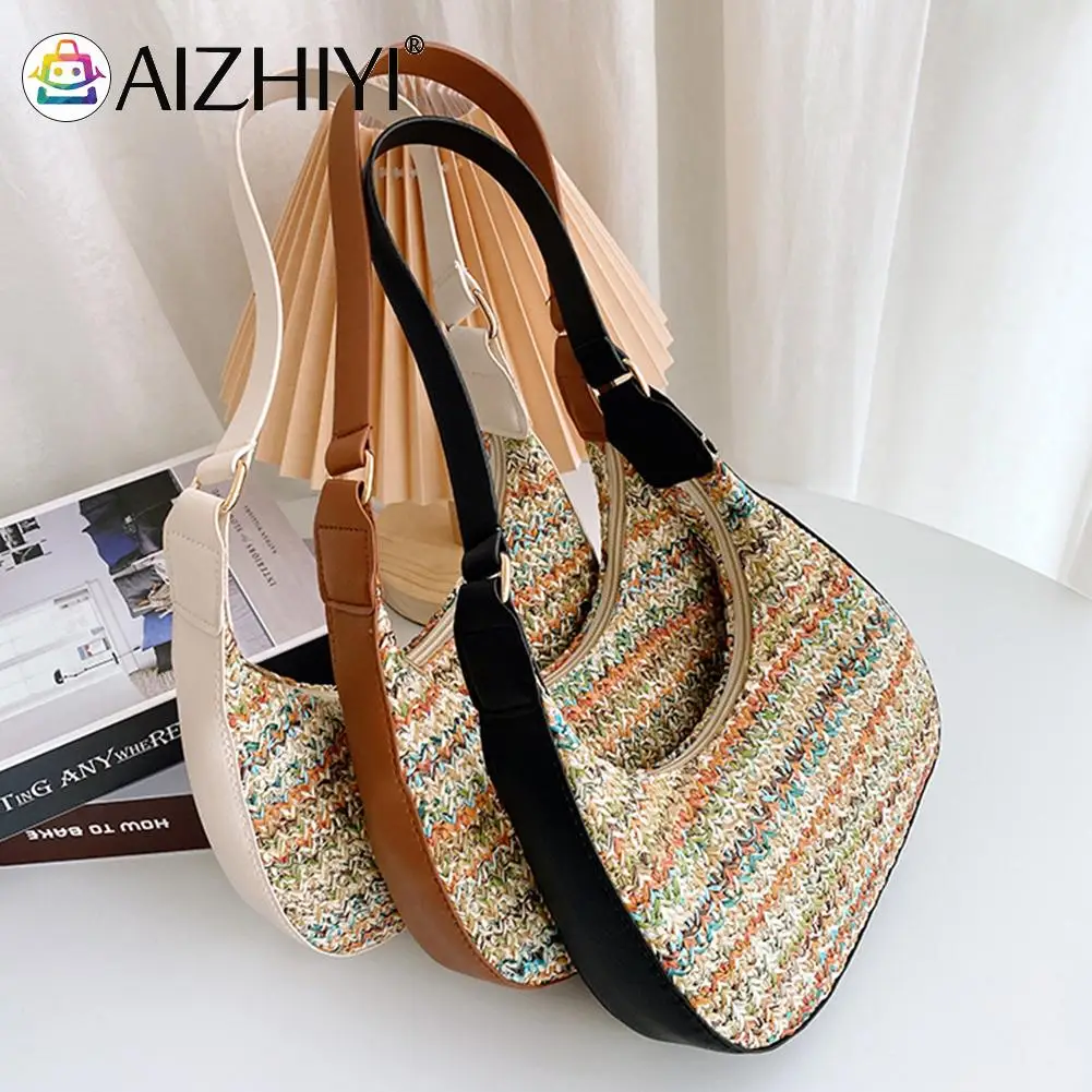 

Daily Woven Shopping Shoulder Bags Small Female PU Leather Zipper Underarm Bags Crescent Design Subaxillary Bags