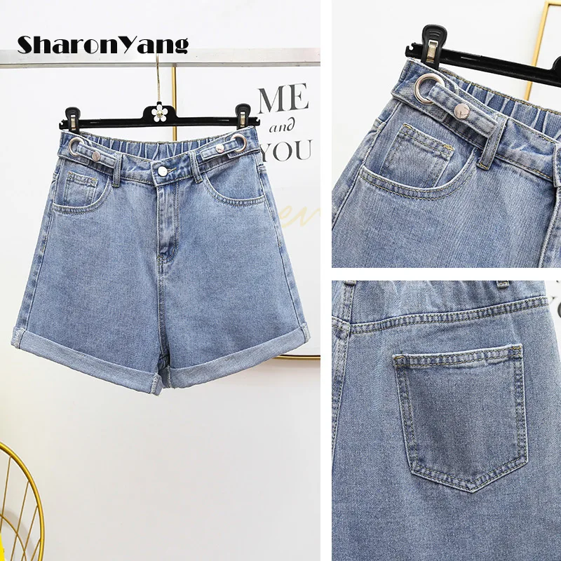 

Women Denim Shorts Large Size Hippie Button Adjust High Waist Short Blue Wide Legs Summer Cotton Casual Jean Shorts Plus Size