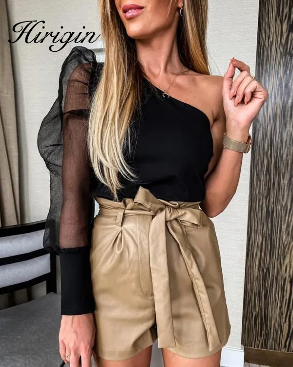 Женское облегающее боди с рукавами фонариками и открытым плечом|Боди| |