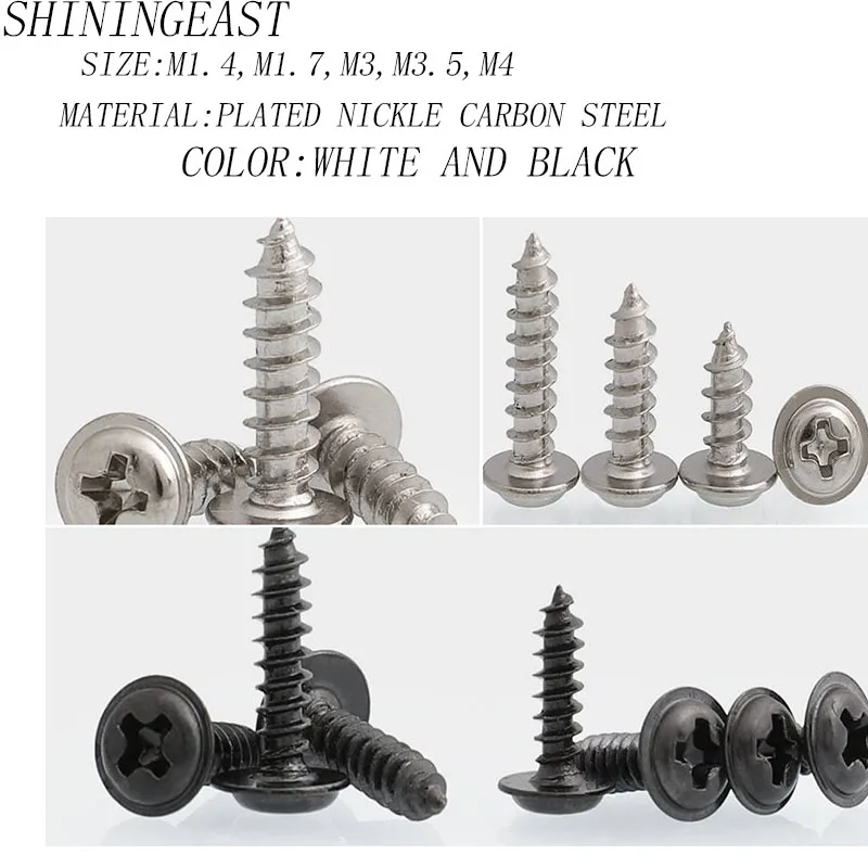 

M1.2M1.4M1.7M3M3.5M4 plated nickle phillips round head point tail self-tapping black white mini washer screw1116