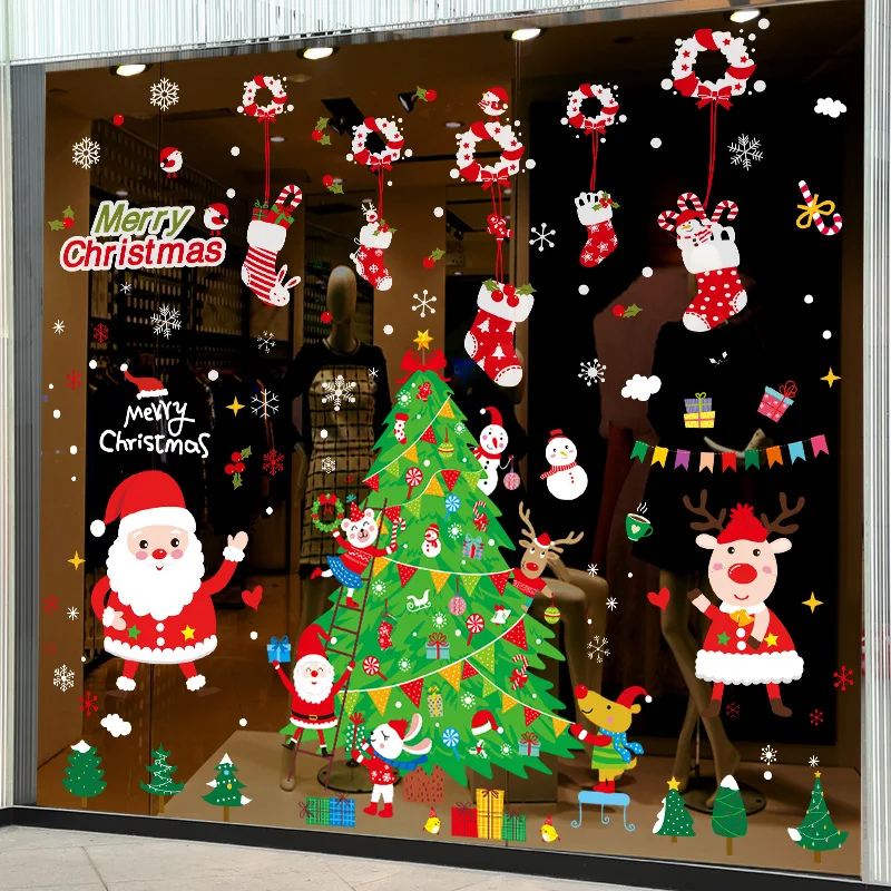 

[SHIJUEHEZI] Father Christmas Window Stickers DIY Deer Tree Wall Decals for Living Room Shop Glass New Year Decoration